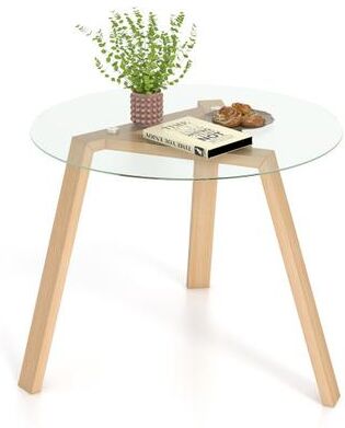 Costway 36 Inches Round Glass Dining Table for 4 with Rubber Wood Frame-Natural