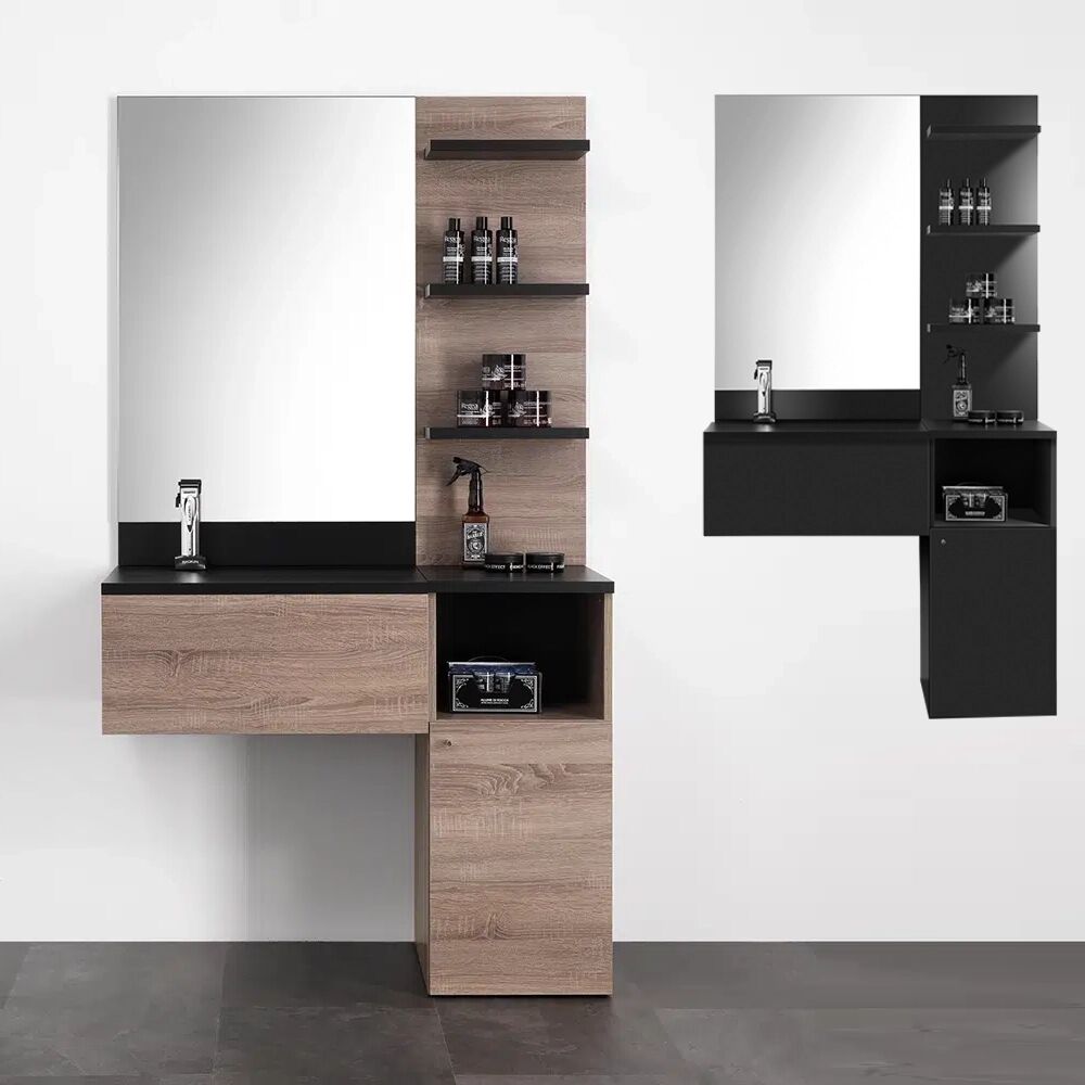 Xanitalia BARBER STATION LIGHT – POSTAZIONE DA LAVORO PER PARRUCCHIERE E BARBIERE Nero e Oak