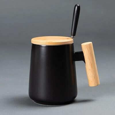 Uplifted Goods Vintage Nordic Wooden Handle Ceramic Infusion Mug black With Lid 15.2 Oz.