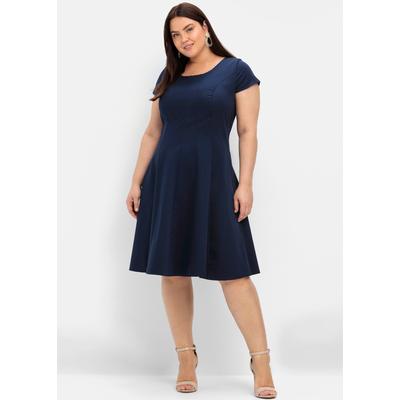 Cocktailkleid SHEEGO "Cocktailkleid", Damen, Gr. 56, Normalgrößen, Kurzarm, blau (marine), 97% Baumwolle, 3% Elasthan, unifarben, knielang, Rundhals, Kleider