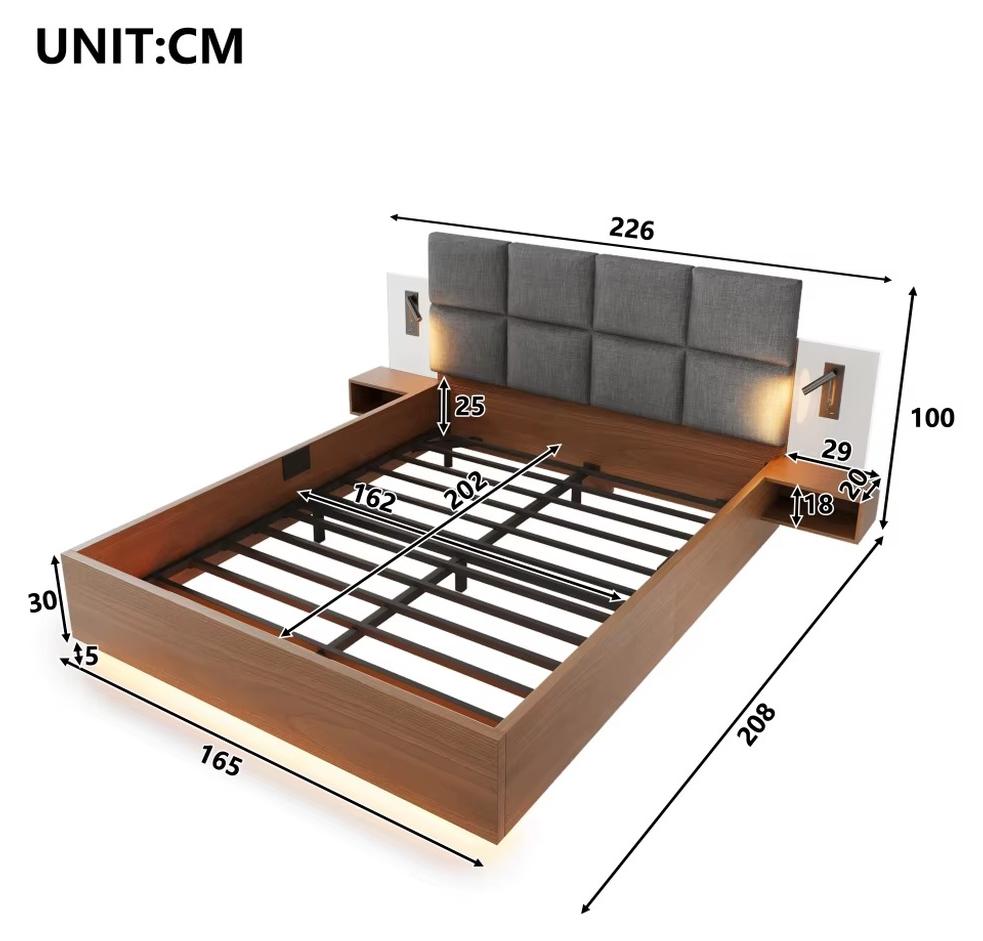 Doppelbett - Bettrahmen - 160 x 200 cm - Graues, Leinenbezogenes Polsterkopfteil - Lattenrost - Stauraum - Schwebende Nachttische mit Transparenten Paneelen - Matratze Nicht Enthalten