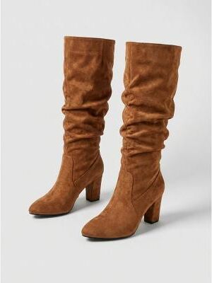 LightInthebox Women's Leopard Print Suede Boots - Fashion Slouchy Ruched Chunky Block High Heel Knee High Boots for Street Style, Daily Commute