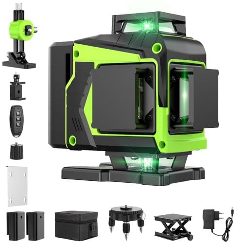 Pdgrid 4D Laserwaterpas met 16 groene laserlijnen, 360 graden zelfnivellerend, inclusief 2 batterijen, draaibare houder en afstandsbediening