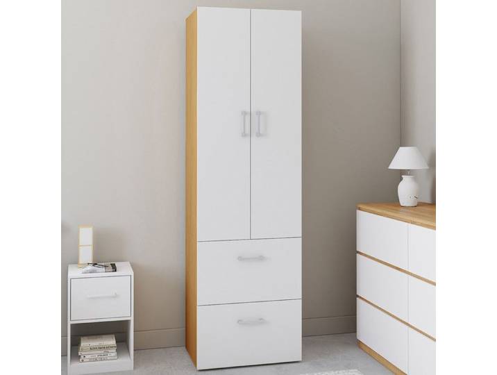 IDMARKET Armoire 2 portes JULIANA blanc et bois penderie 50 cm avec 2 tiroirs