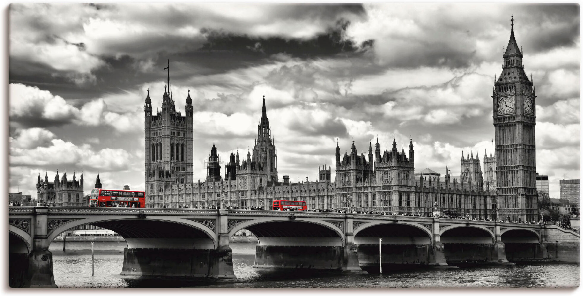 Leinwandbild ARTLAND "London Westminster Bridge & Red Buses", schwarz (farbe bild(er): schwarz), B:100cm H:50cm, Bilder, Leinwandbild, auf Holzrahmen gespannt farbe bild(er): schwarz B/H/T: 100cm x 50cm, Leinwandbild Grossbritannien Querformat, 1 Stk.