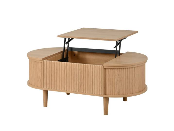 Table basse ovale couleur chêne avec plateau relevable 100x48x53,5 cm