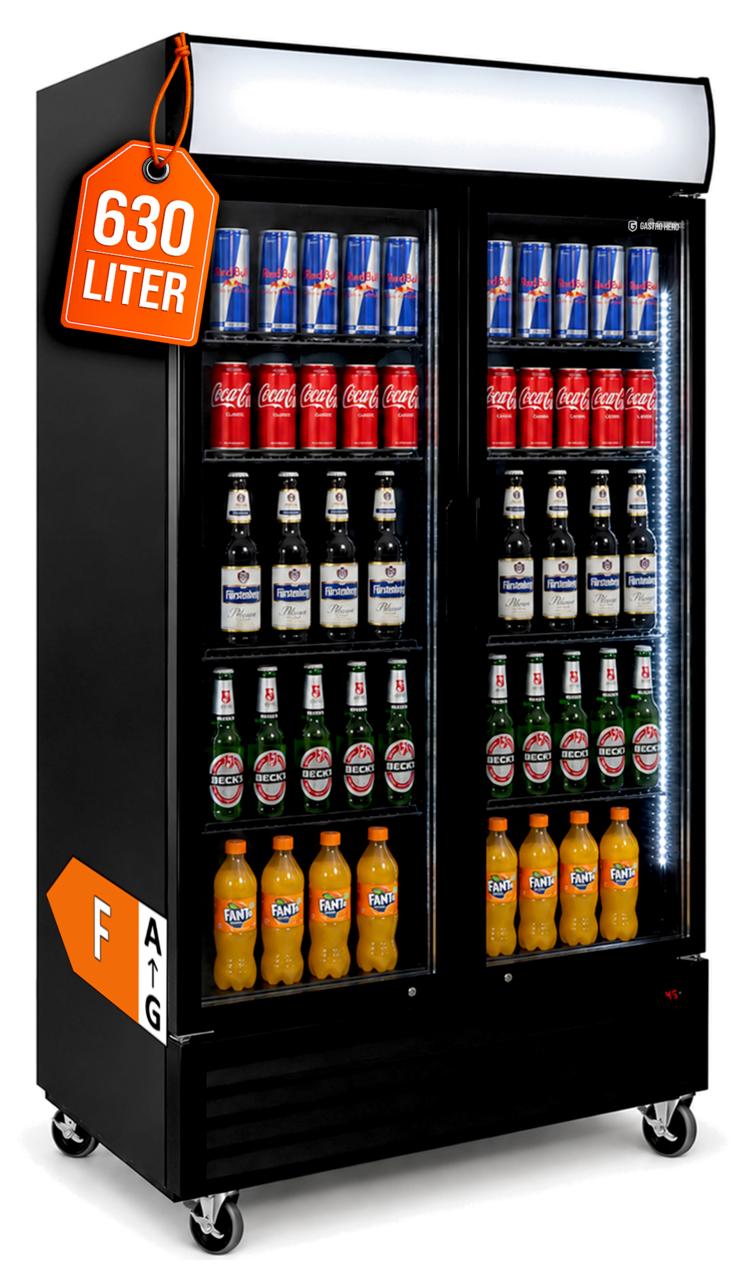 GastroHero Getränkekühlschrank ECO 630 mit Leuchtaufsatz, 2 Klapptüren, schwarz, LED-Innenbeleuchtung