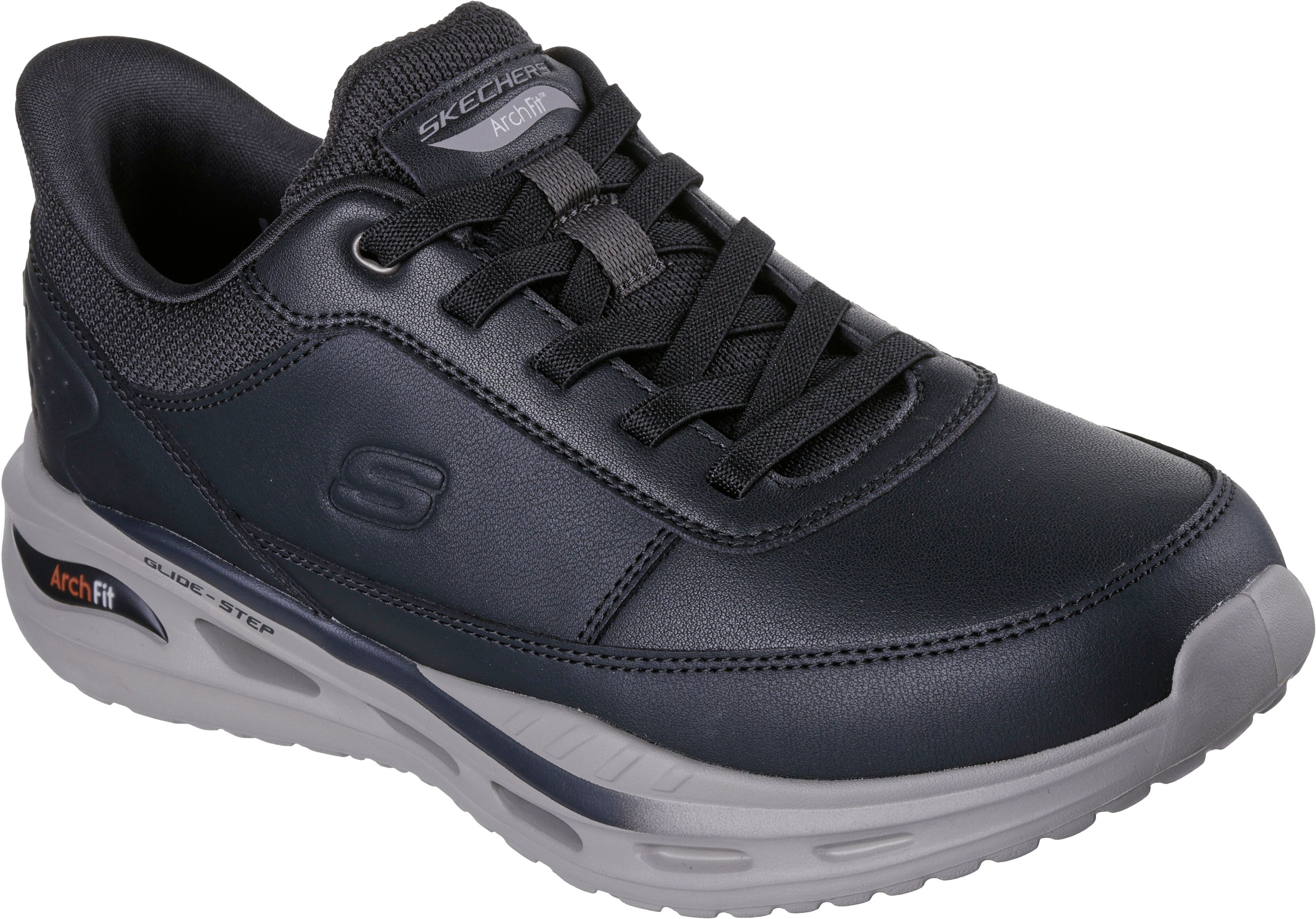 Slip-On Sneaker SKECHERS "ARCH FIT ORVAN", Herren, Gr. 40, schwarz, Leder, Lederimitat, Schuhe Slip-On Sneaker, Schnürschuh, Trainingsschuh mit Glide Step schwarz 40