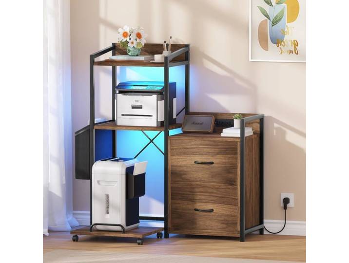 Triumpunpre Étagère pour imprimante grand classeur avec éclairage LED meuble à imprimante à 4 niveaux pour formats A4 Lettre Brun