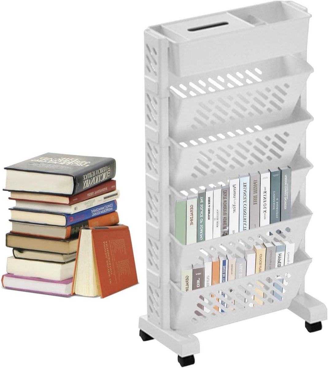 Mobiele Boekenplank Wit - 5-Traps Opbergrek Trolley met Ladderontwerp