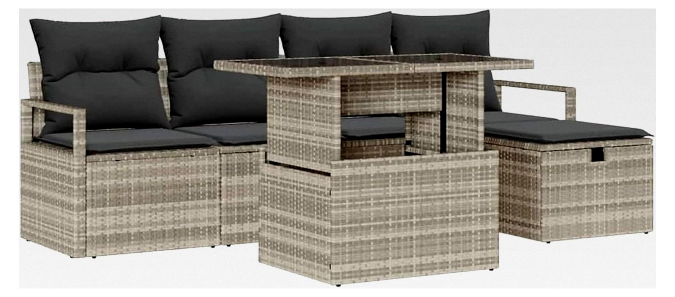 6-teiliges Garten-Sofa-Set mit Kissen aus hellgrauem Poly-Rattan