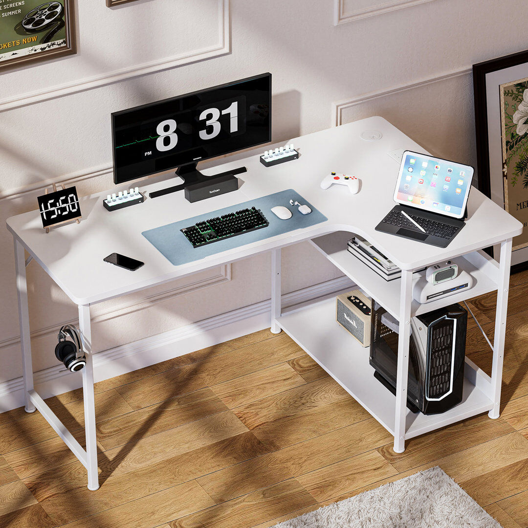 Inbox Zero L-Shaped Computer Desk White 75cm. H x 110cm. W x 80cm. D