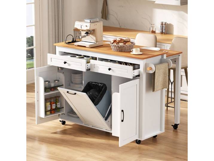 Îlot de Cuisine Roulant avec Plateau Extensible Prise Intégrée et Espace Poubelle Meuble Cuisine Mobile Blanc