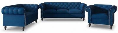 Clayfell Kelso 3-Piece Velvet Living Room Set With Rolled Arm Chair, Loveseat and Sofa, Deep Button Tufting and Turned Legs
