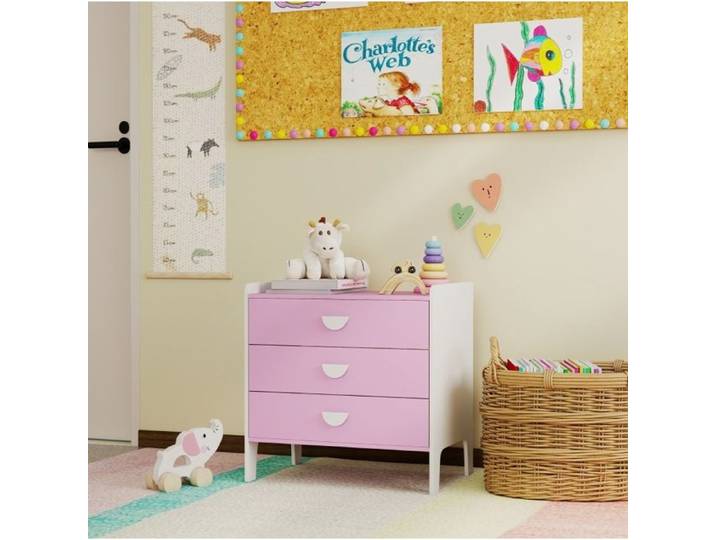 Commode Enfant 3 Tiroirs MDF Rose Et Blanc Commode Chambre FloraGrace Pour Chambre Enfant A Monter Soi-Meme 60x40x60cm