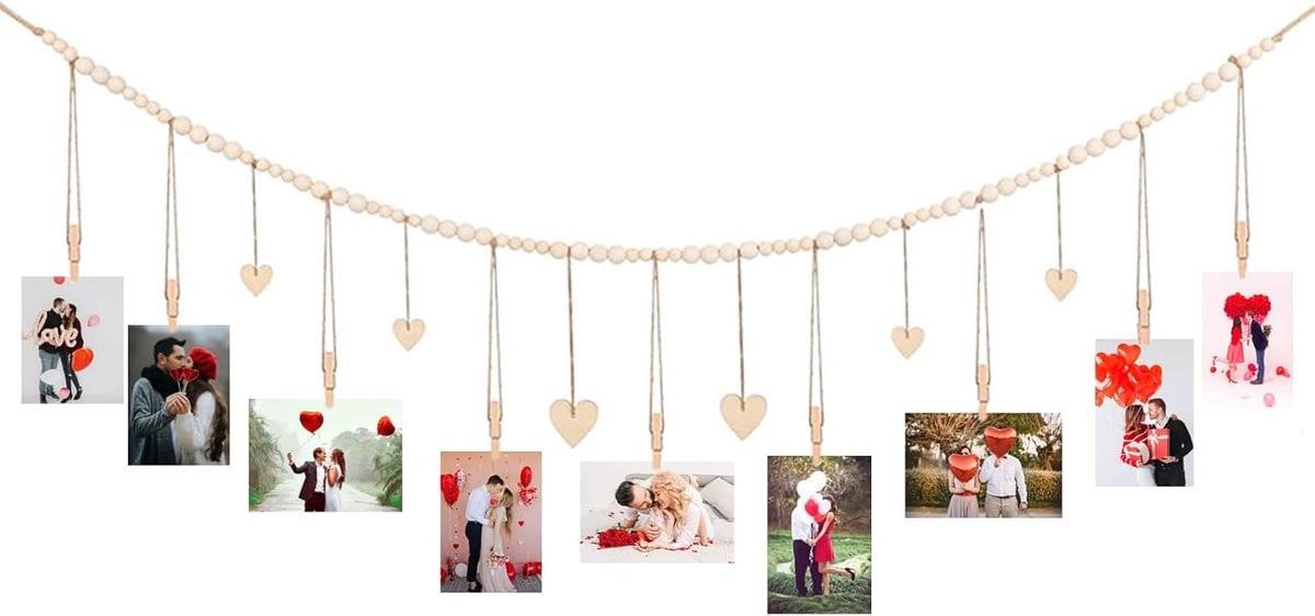 Houten Kraal Fotodisplay Boho Slinger Wanddecoratie met Metalen Clips Beige 100 cm