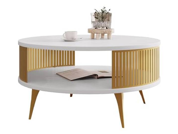 Mirjan24 Couchtisch Rajkon, runde Form (Arktisches Weiß, Gold) Moderner Wohnzimmertisch mit praktischer Ablage, stabilem Stahlgestell und pflegeleichter Oberfläche