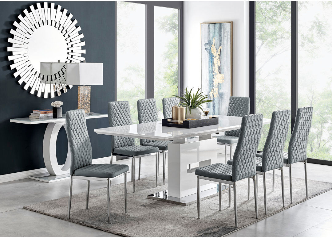 Canora Grey Alezzo Modern High Gloss Extendable Dining Table Set with 8 Quilted Faux Leather Dining Chairs Grey/Silver 8