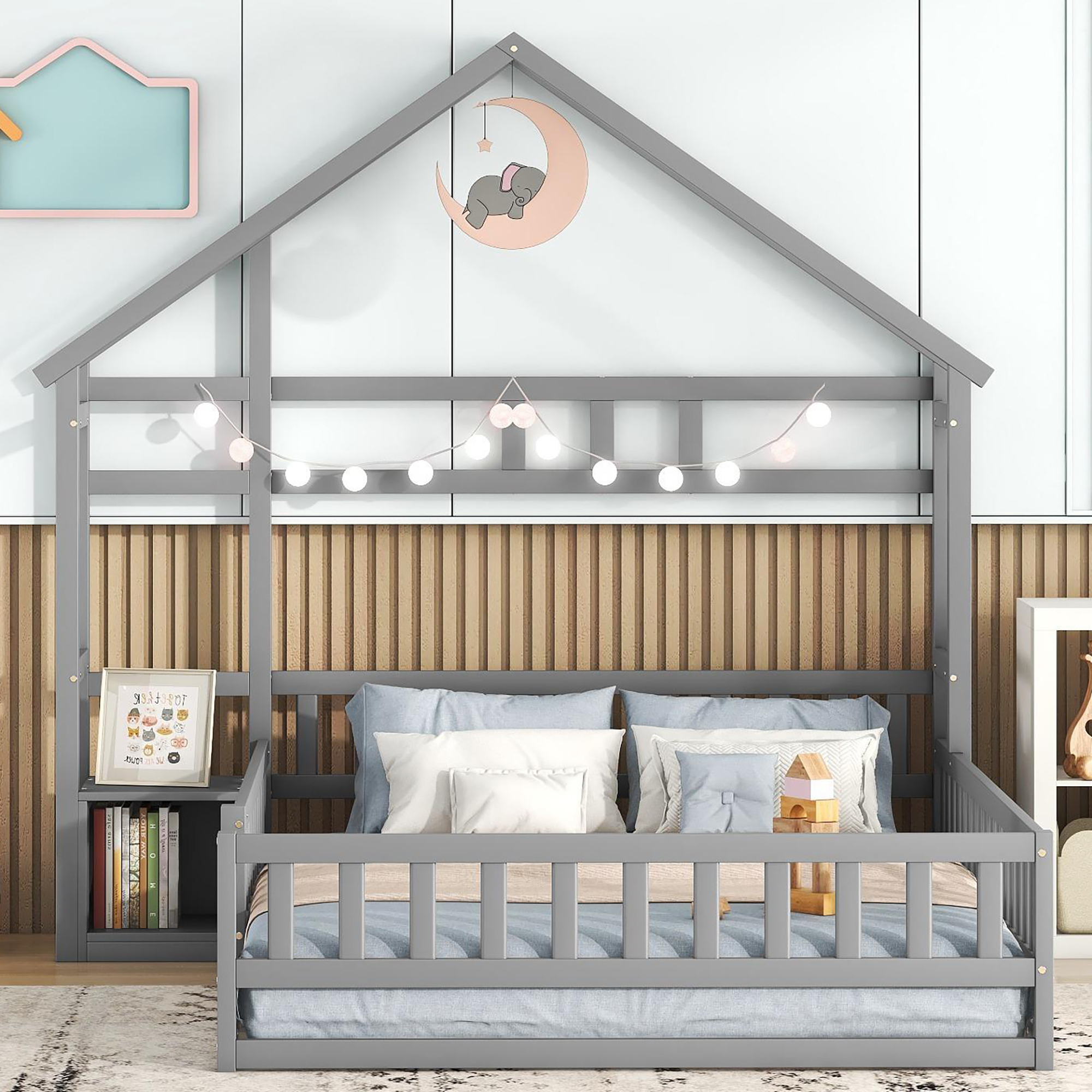 okwish Jugendbett 140x200 Kinderbett mit Matratze und Stauraum,Bettgestell mit Lattenrost,Hausbetten mit Geländer,mit Nachttischen,Grau