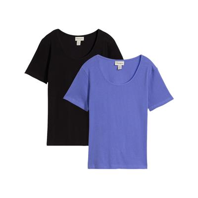 T-Shirt BONPRIX, Damen, Gr. 44/46 (L), blau (schwarz, lilablau), Obermaterial: 95% Baumwolle, 5% Elasthan, schmal, Shirts T-Shirt, aus Baumwolle und Elasthan, schmale Passform, Kurzarm-Design