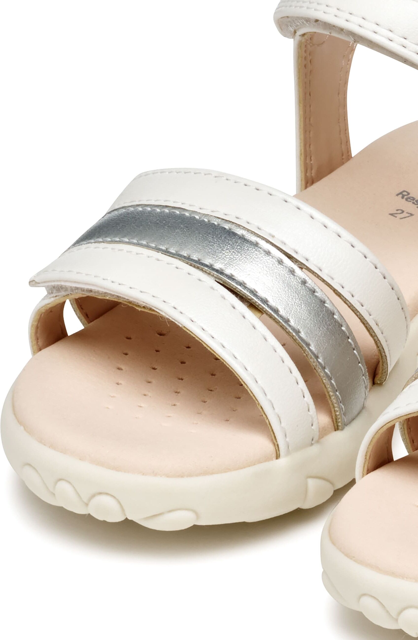 Sandale GEOX "J SANDAL HAITI GIRL", Mädchen, Gr. 30, silber (weiß, silberfarben), Synthetik, festlich, Schuhe Sandale, Glitzersandale, Klettschuh im Metallic Look weiß, silberfarben 30