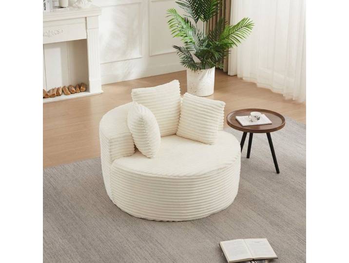 Fauteuil individuel rond en velours côtelé Ø 110 cm fauteuil de salon confortable et minimaliste avec 3 coussins décoratifs