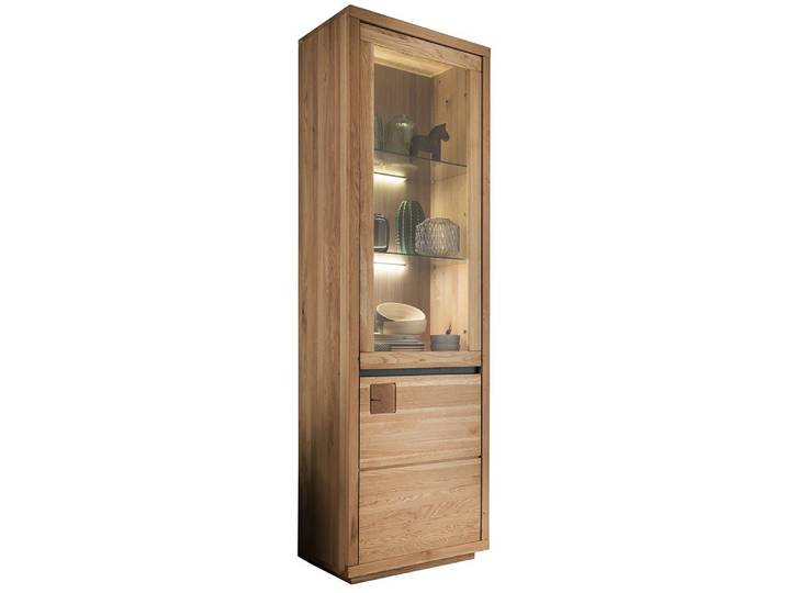 Lomadox Vitrine WINCHESTER-69 Vitrinenschrank Standvitrine 65 cm Eiche massiv geölt Hirnholz-Detail
