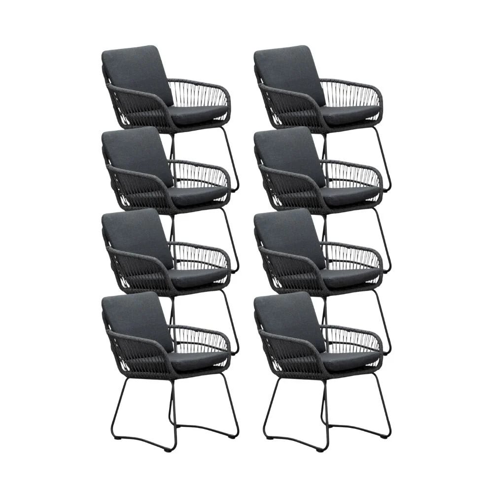 Harper dining tuinstoel set van 8 met touw en rvs in Lava Grey