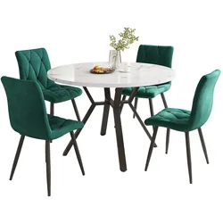 OKWISH Runder Esstisch Set mit 4 Wildleder-Stühlen, MDF Marmoroptik, schwarzes Metallgestell, 100x100x75, Grün, Schwarz