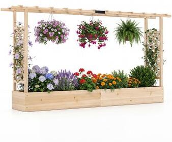Costway 45 Inch Tall Wooden Raised Garden Bed with Side Trellis and Hanging Roof Drainage Holes-Natural