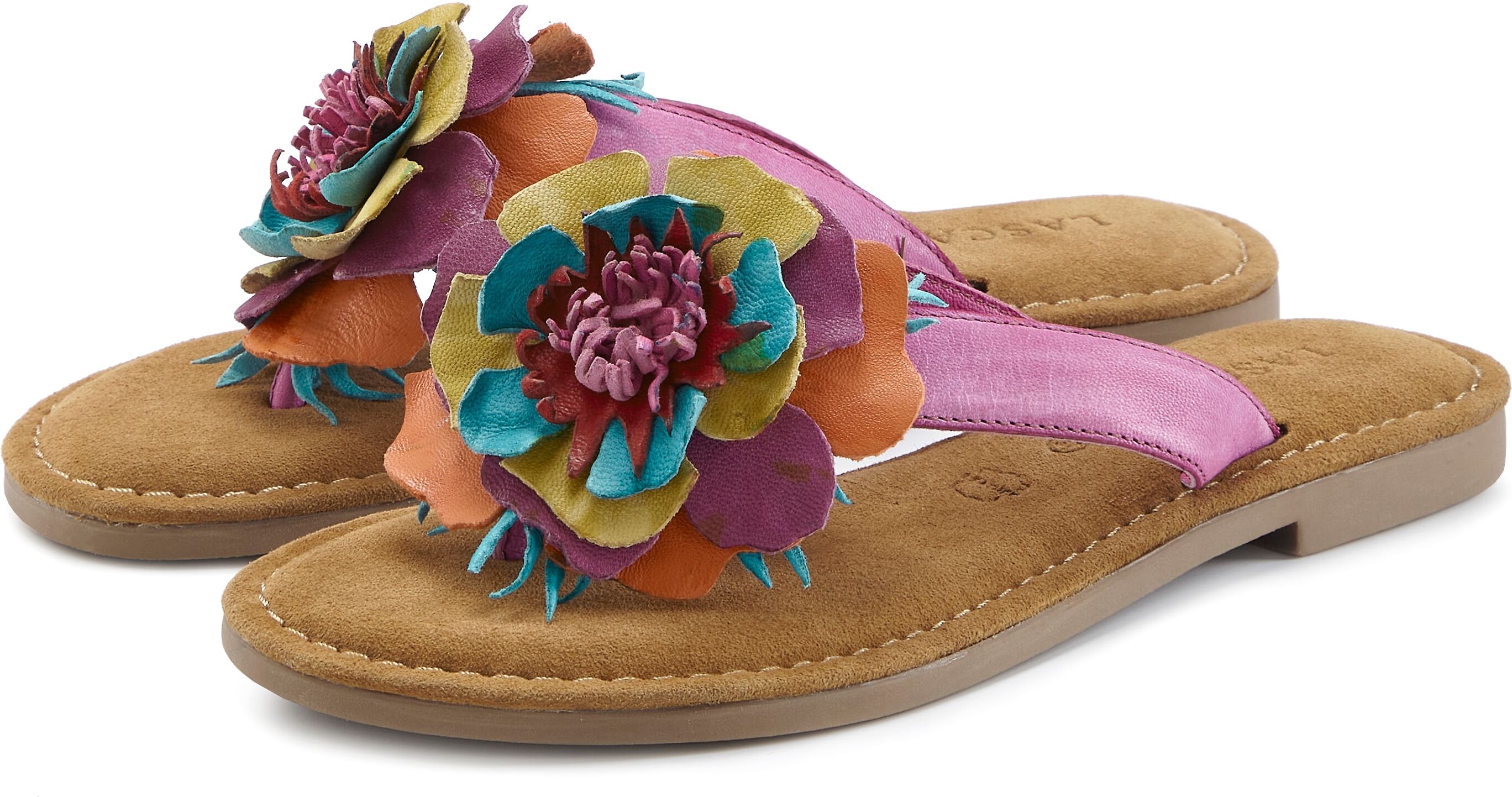 Pantolette LASCANA "Sommerschuh, offener Schuh, Mule, Sandale", Damen, Gr. 36, bunt (lila, gelb, orange, türkis), Obermaterial: 100% Schafsleder. Decksohle: 100% Schafsleder. Futter: 100% Schafsleder. Laufsohle: 100% Synthetik, mehrfarbig, Schuhe Pantolet