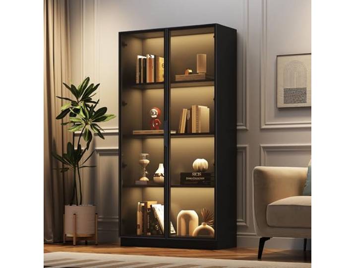 Ball & Cast Glasvitrine mit Beleuchtung & Verstellbaren Einlegeböden - Standvitrine für Wohnzimmer, Schlafzimmer & Büro, Schwarz