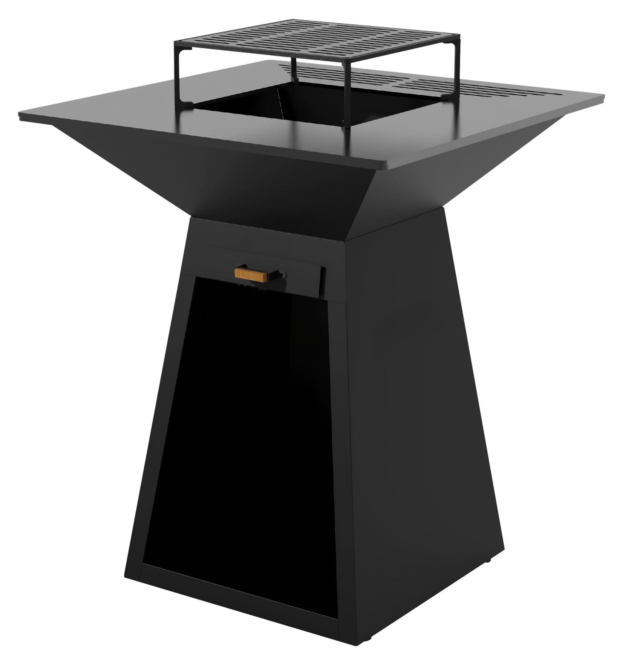 Großer quadratischer Grill mit runder Stahlplatte und Rost aus Stahl in Schwarz