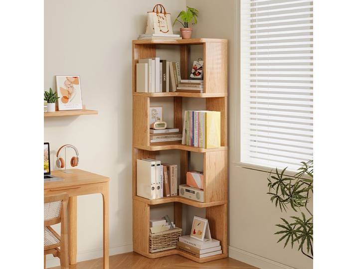 Bibliothèque d'angle en bois massif, support de sol, armoire d'angle multicouche, rangement