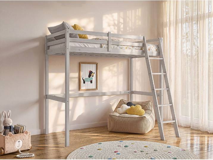 Hochbett + Matratze - 90 x 190 cm - Kiefer massiv - Geweißt - GEDEON II