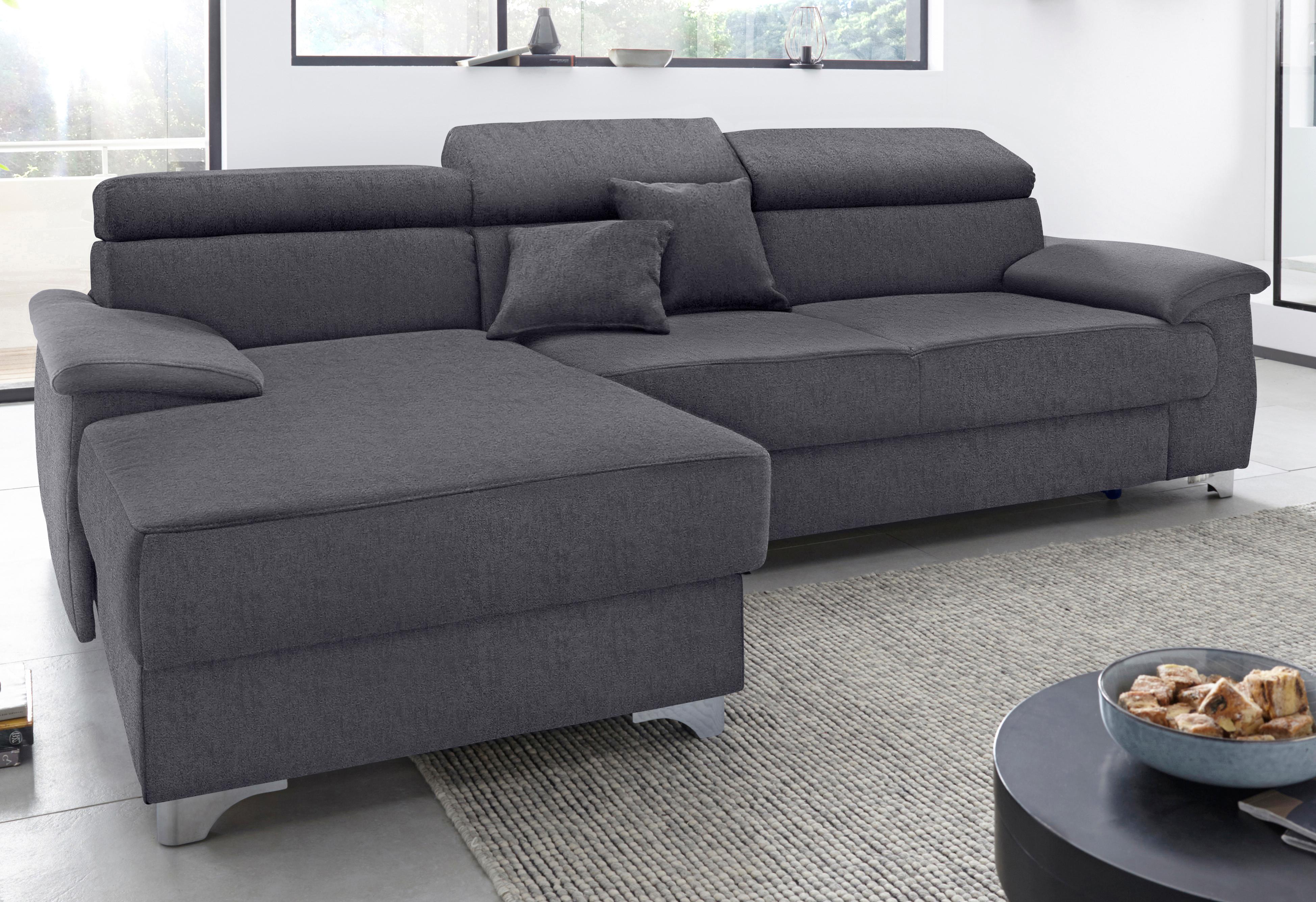 Ecksofa DOMO COLLECTION "Mira, inklusive Kopfteilverstellung für mehr Wohlfühlkomfort, L-Form", grau (dunkelgrau), B:271cm H:78cm T:167cm, Zierkissen: Entsprechend jeweiligem Bezug.;Struktur (100% Polyester);Struktur fein (100% Polyester);Luxus-Microfaser