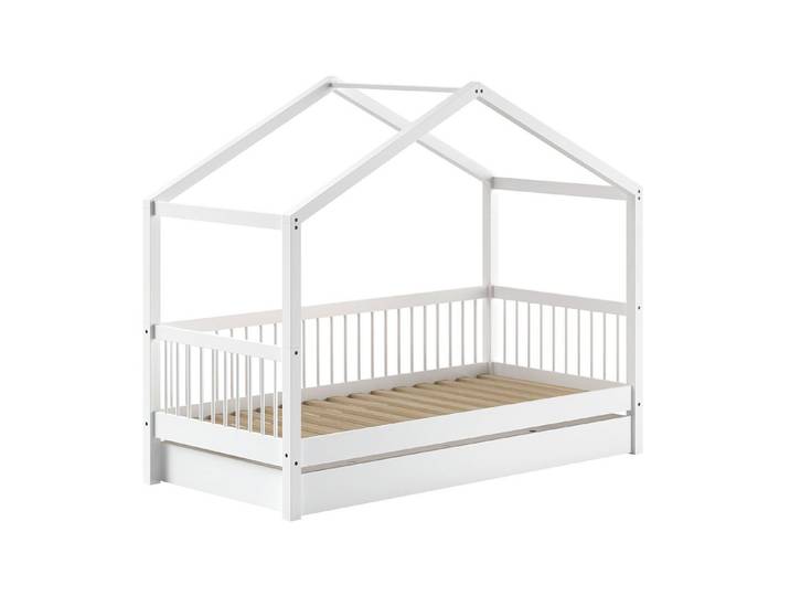 58 aufm Kessel Kinderbett Hausbett 90x200 Keeley Buche Kinderbett Weiß Massivholz Schublade (inkl. Versand, Lieferung bis Verwendungsstelle), Bettschublade nutzbar als Stauraum oder zusätzliche Liegefläche
