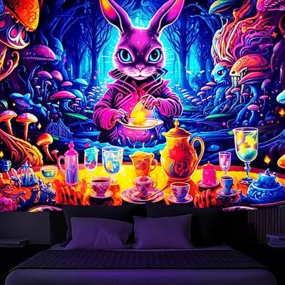 Pilz Wunderland Schwarzlicht Wandteppich UV reaktiv im Dunkeln leuchtender Hase Zauberwelt Natur Landschaft Wandteppich Wandbild für Wohnzimmer Schlafzimmer