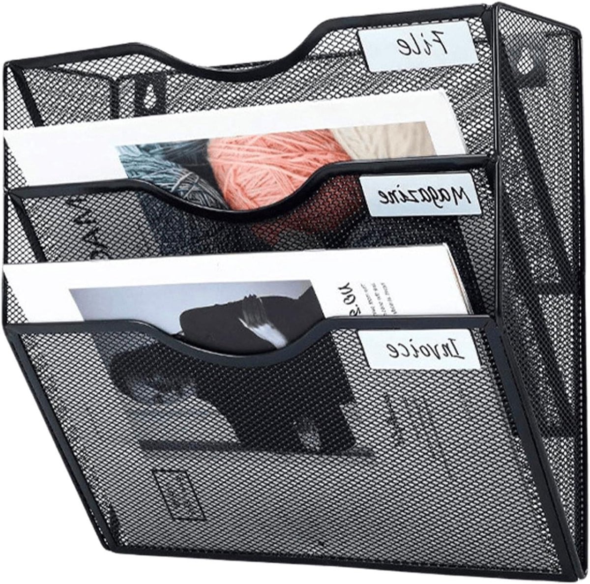 Tijdschriftenhouder Wand - Zwarte Documenten Organizer met 3 Vakken voor A4 - Metalen Kantooropbergers
