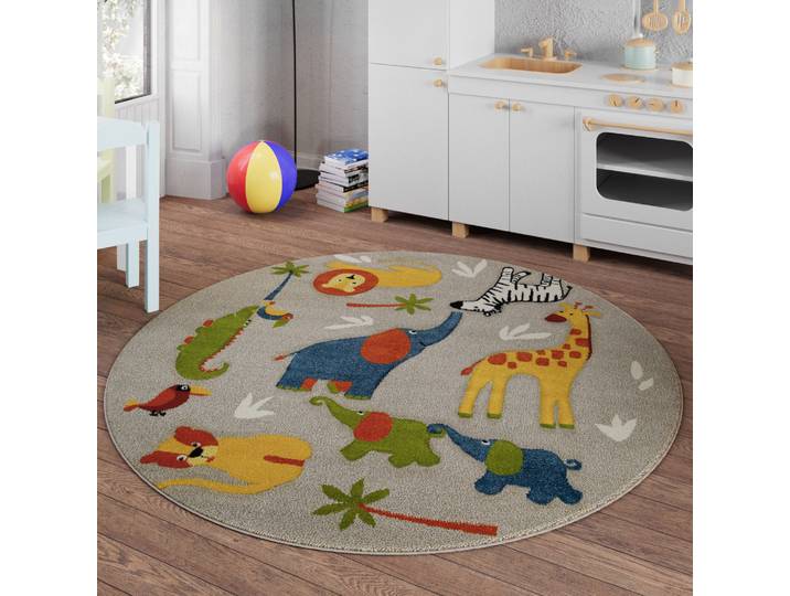 Kinderteppich SMART KIDS Benny & Friends , beige (sand,beige,bunt), H:10mm Ø:160cm, Polypropylen, Teppiche, Kinderteppich, Moderner Spielteppich, strapazierfähig, pflegeleicht, Konturenschnitt