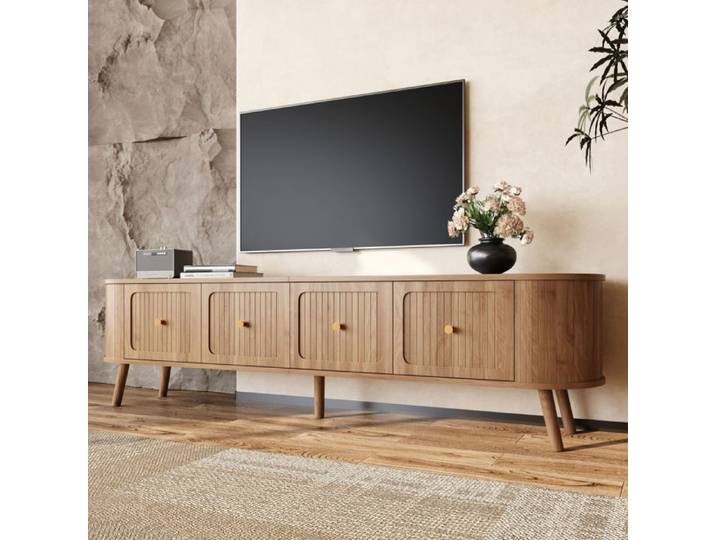 Meuble TV vintage 180 cm chêne 4 portes pieds bois
