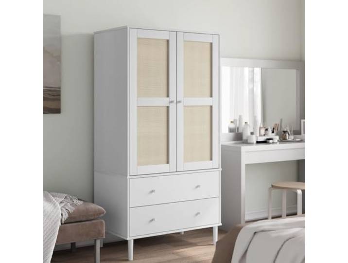 Kleiderschrank SENJA Rattan-Optik Weiß 90x55x175 cm Kiefernholz Massives Kiefernholz,UV-Lackierung,2 Schubladen,4 Türen-Fächer,Wiener Geflecht-Design