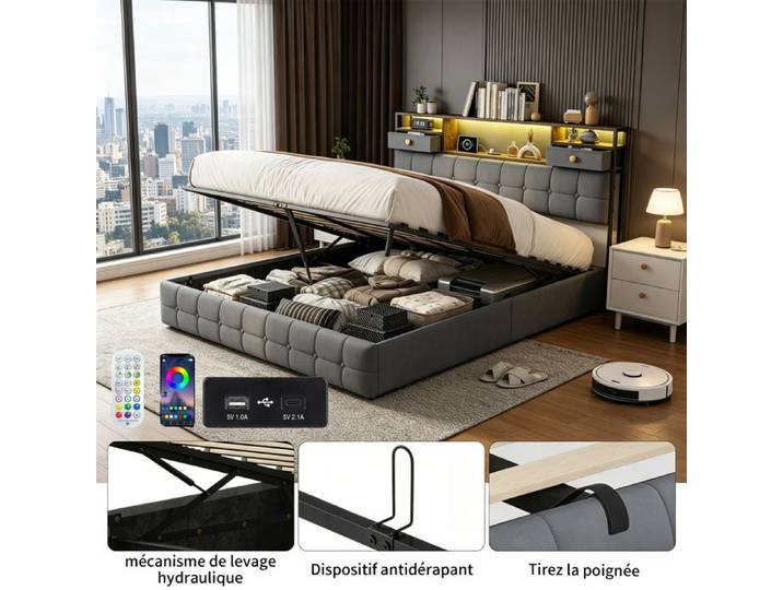 Lit coffre rangement 160x200cm- Lit adulte - Lit double rembourré -Sommier à Lattes- Gris