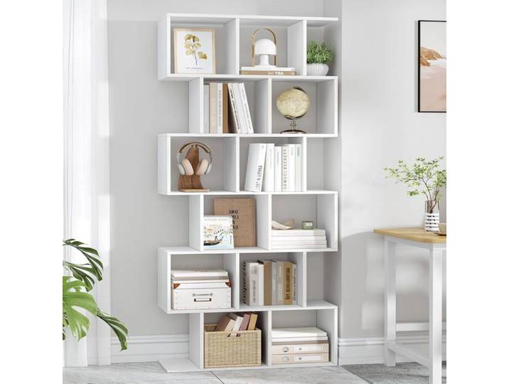 Bibliothèque à 6 Niveaux Étagère avec 12 Compartiments de Rangement Bibliothèque de Bureau Meuble de Rangement Etagère Blanc