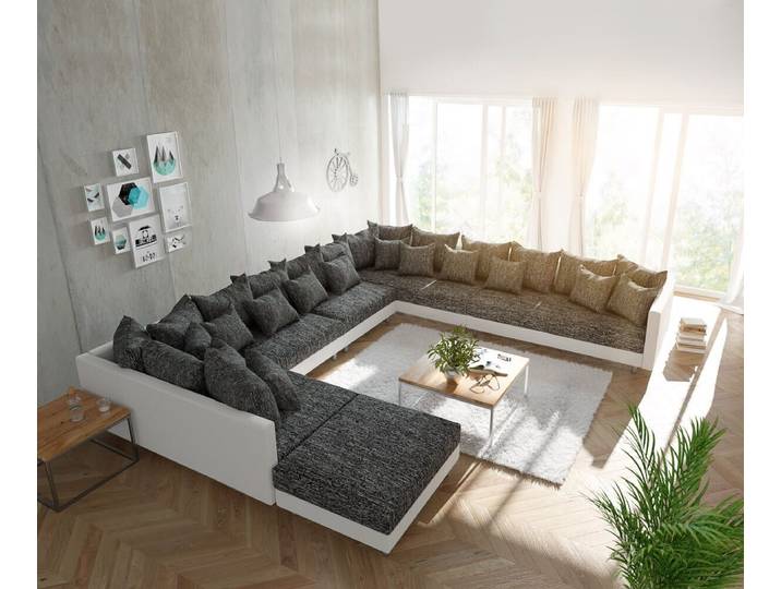 DELIFE Wohnlandschaft Clovis, XXL Weiss Schwarz mit Hocker Ottomane Rechts Wohnlandschaft