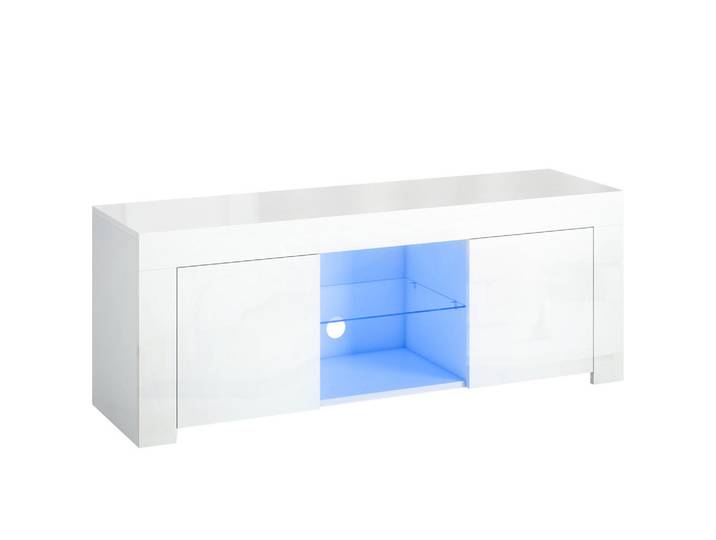 Homcom Tv-Schrank mit LED-Beleuchtung, 2 Schranktüren, Glasregal, Kabellöcher Weiß, Nachbildung, Rechteckig, 34x45x120 cm, Wohnzimmer, TV Möbel, Lowboards, Lowboards stehend