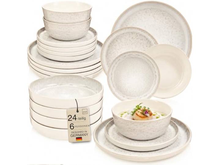 SÄNGER Key West Steingut Geschirrset 6 Personen, Teller Set 24-tlg Creme