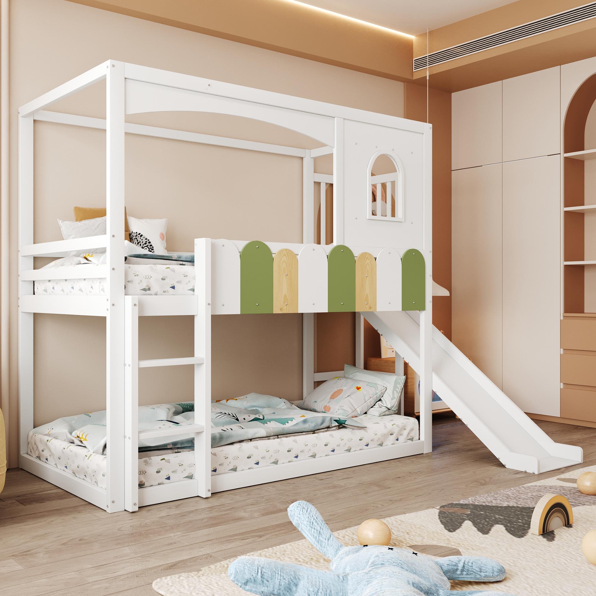 STILVORA Etagenbett 90×200 cm, Kinderbett mit Rutsche und Sicherheitsleiter, Hausförmiger Rahmen mit Fenstern, Unregelmäßiges Mehrfarbiges Geländerdesign, Weiß