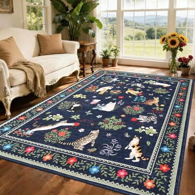 Garvee Pastoral Cat Pattern Washable Area Rug