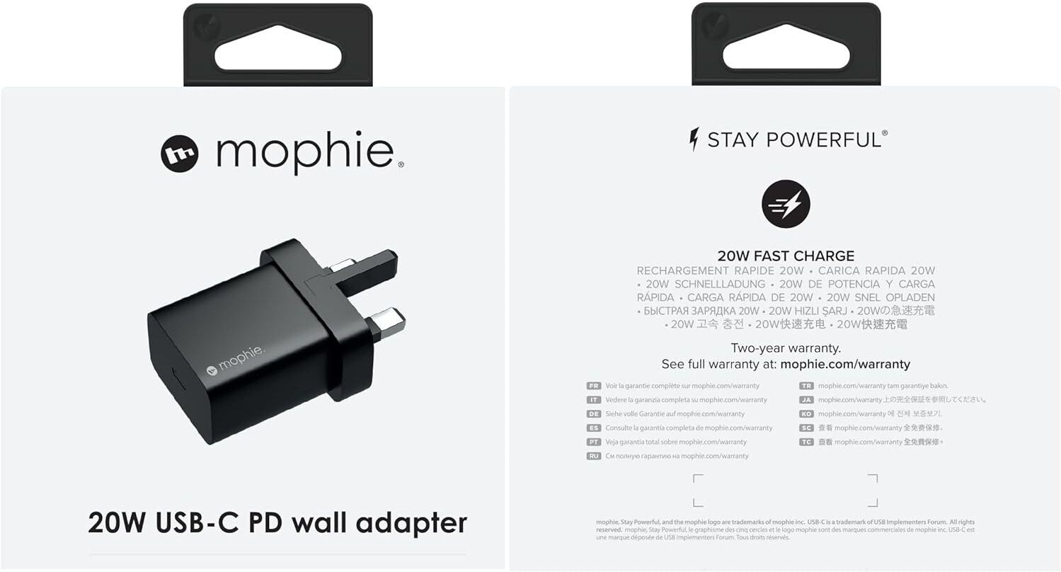 ZAGG mophie Wall Adapter (UK Plug)  20W Fast Charging   USB-C   Universal Smartphone Compatibility   Black